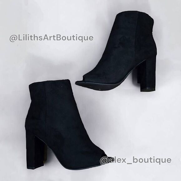 Fashion Nova Black Suede Peep Toe Ankle Block Heel Booties(F007)Size 10 - Picture 7 of 12